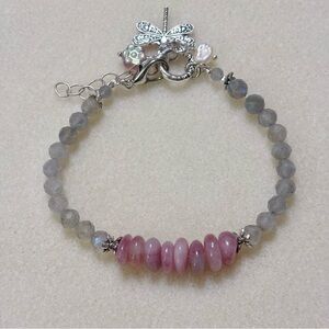 Pink Milky Quartz and Gray Labradorite- Dragonfly Charm- 6 mm beads